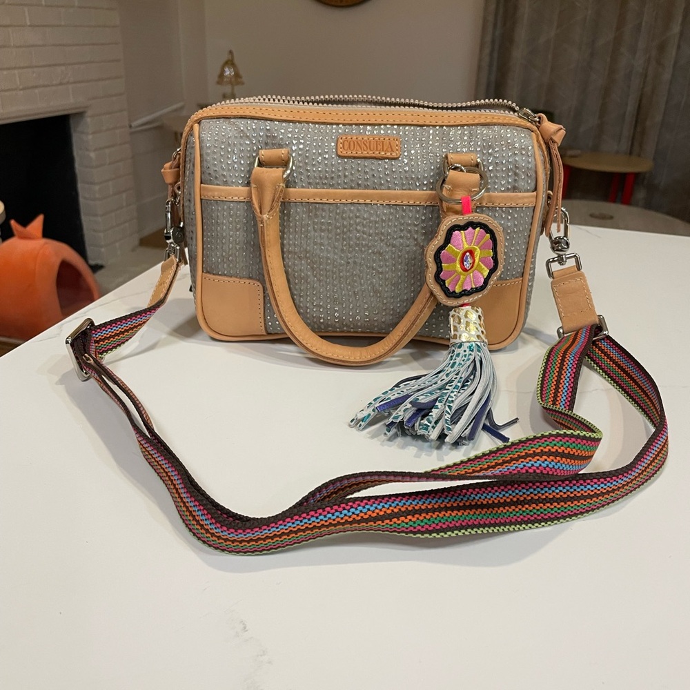 Consuela Tan & Gray Crossbody Bag with Multicolor Strap